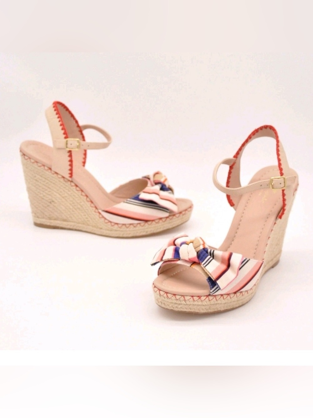 kate spade Pink Striped Bow Espadrille Wedge Sandals